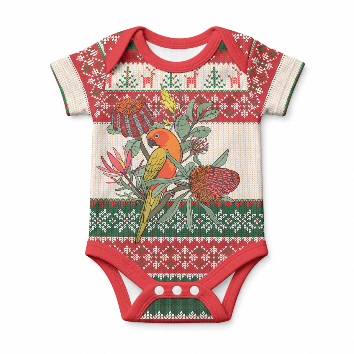 Aussie Sun Parakeet Christmas Baby Onesie Festive Knitted Pattern Inspired