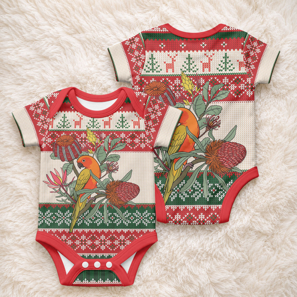 Aussie Sun Parakeet Christmas Baby Onesie Festive Knitted Pattern Inspired