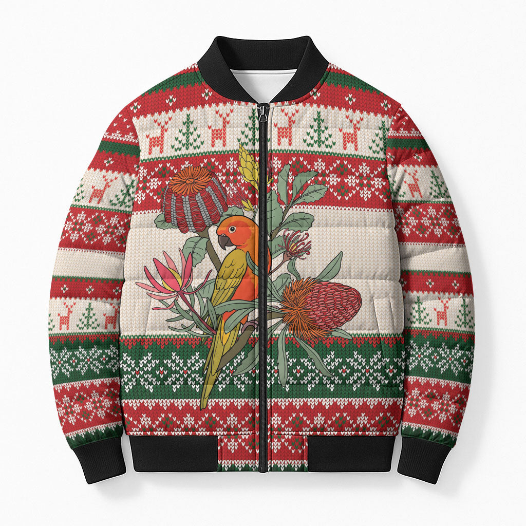 Aussie Sun Parakeet Christmas Bomber Puffer Jacket Festive Knitted Pattern Inspired