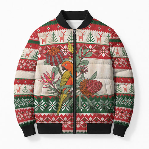 Aussie Sun Parakeet Christmas Bomber Puffer Jacket Festive Knitted Pattern Inspired