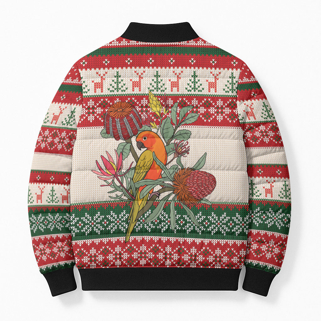 Aussie Sun Parakeet Christmas Bomber Puffer Jacket Festive Knitted Pattern Inspired