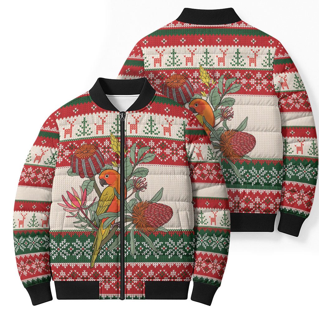 Aussie Sun Parakeet Christmas Bomber Puffer Jacket Festive Knitted Pattern Inspired