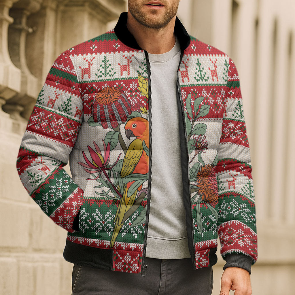 Aussie Sun Parakeet Christmas Bomber Puffer Jacket Festive Knitted Pattern Inspired