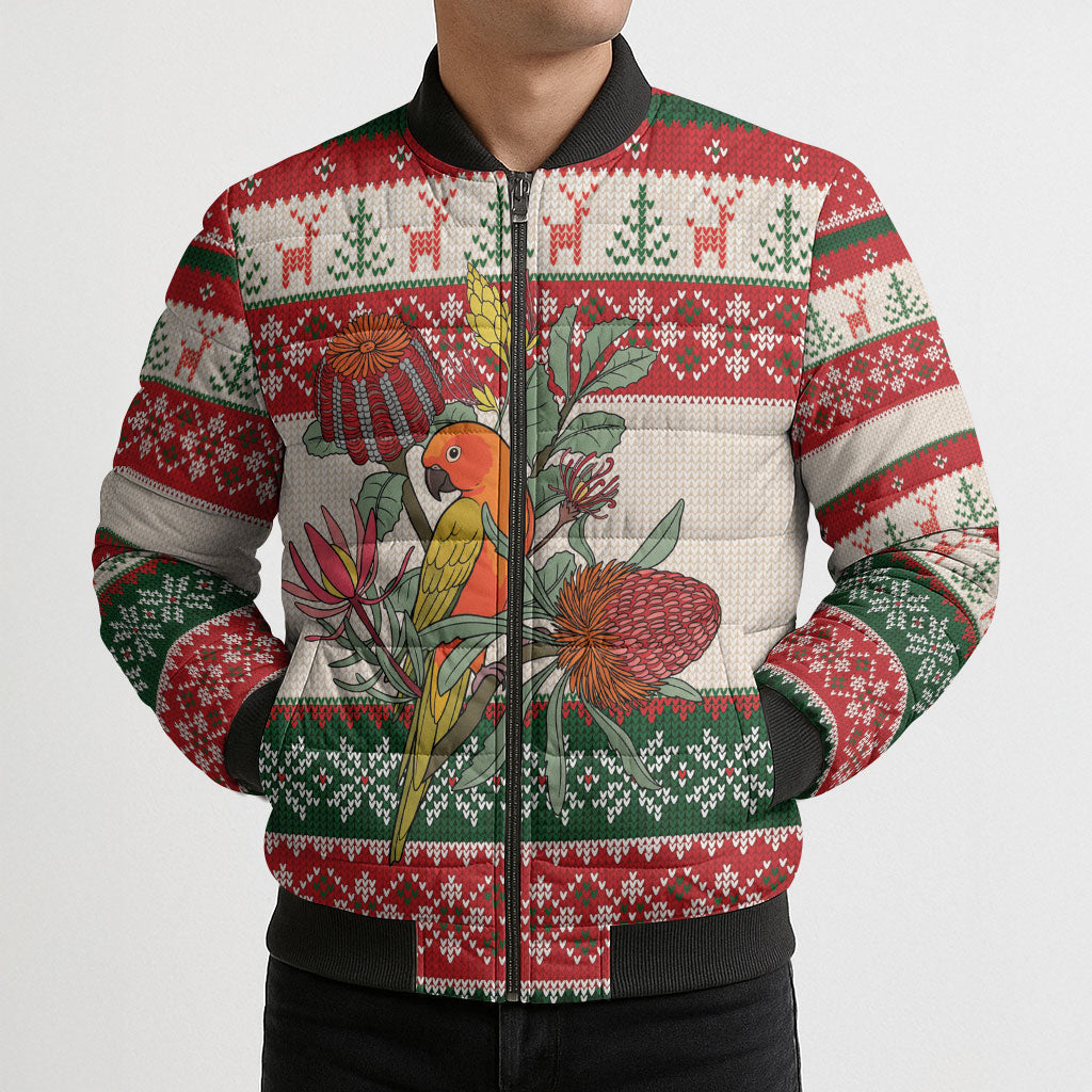 Aussie Sun Parakeet Christmas Bomber Puffer Jacket Festive Knitted Pattern Inspired