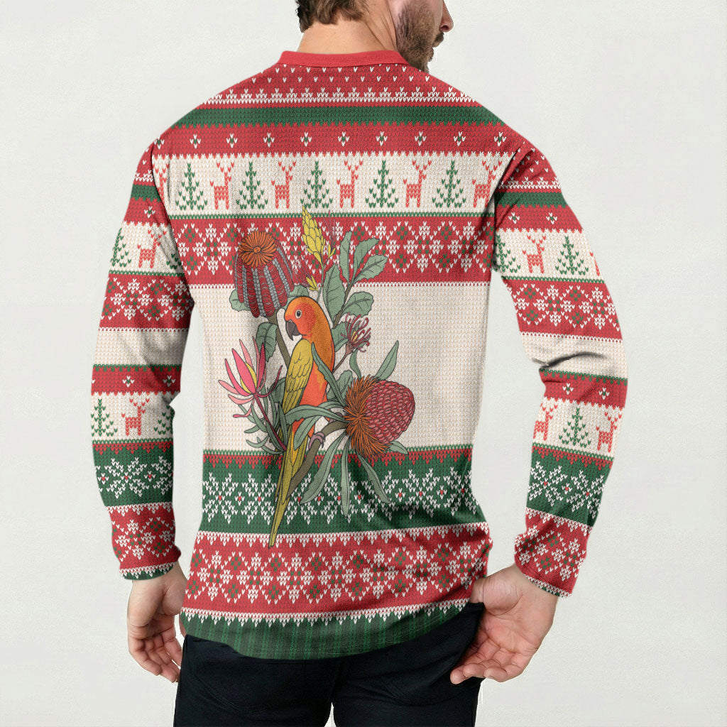 Aussie Sun Parakeet Christmas Button Sweatshirt Festive Knitted Pattern Inspired