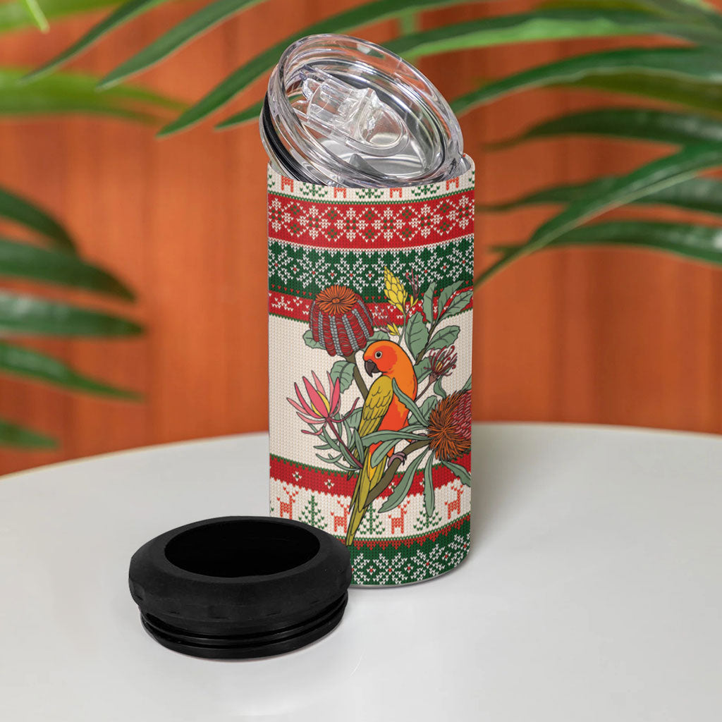 Aussie Sun Parakeet Christmas 4 in 1 Can Cooler Tumbler Festive Knitted Pattern Inspired