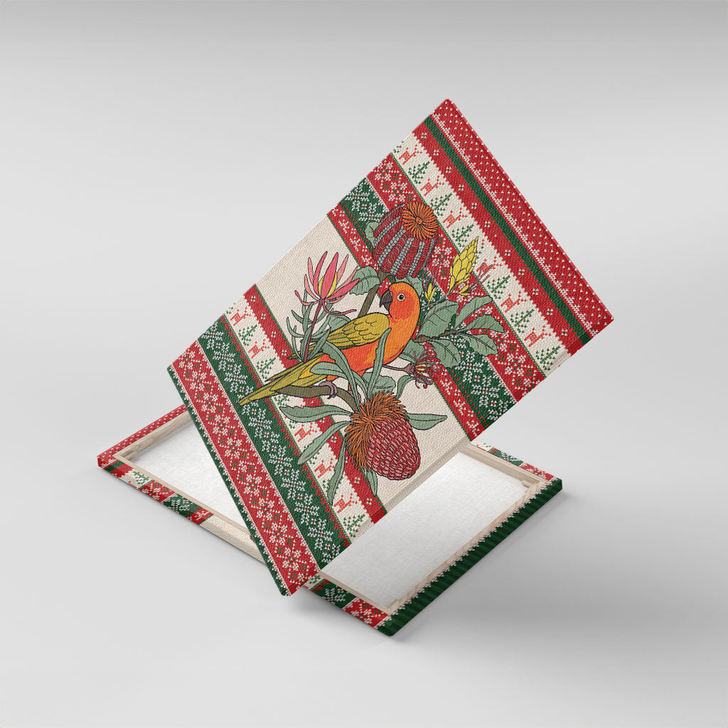 Aussie Sun Parakeet Christmas Canvas Wall Art Festive Knitted Pattern Inspired