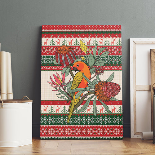 Aussie Sun Parakeet Christmas Canvas Wall Art Festive Knitted Pattern Inspired