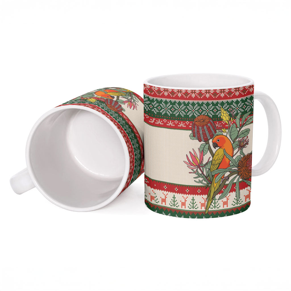 Aussie Sun Parakeet Christmas Ceramic Mug Festive Knitted Pattern Inspired