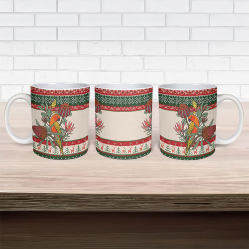 Aussie Sun Parakeet Christmas Ceramic Mug Festive Knitted Pattern Inspired