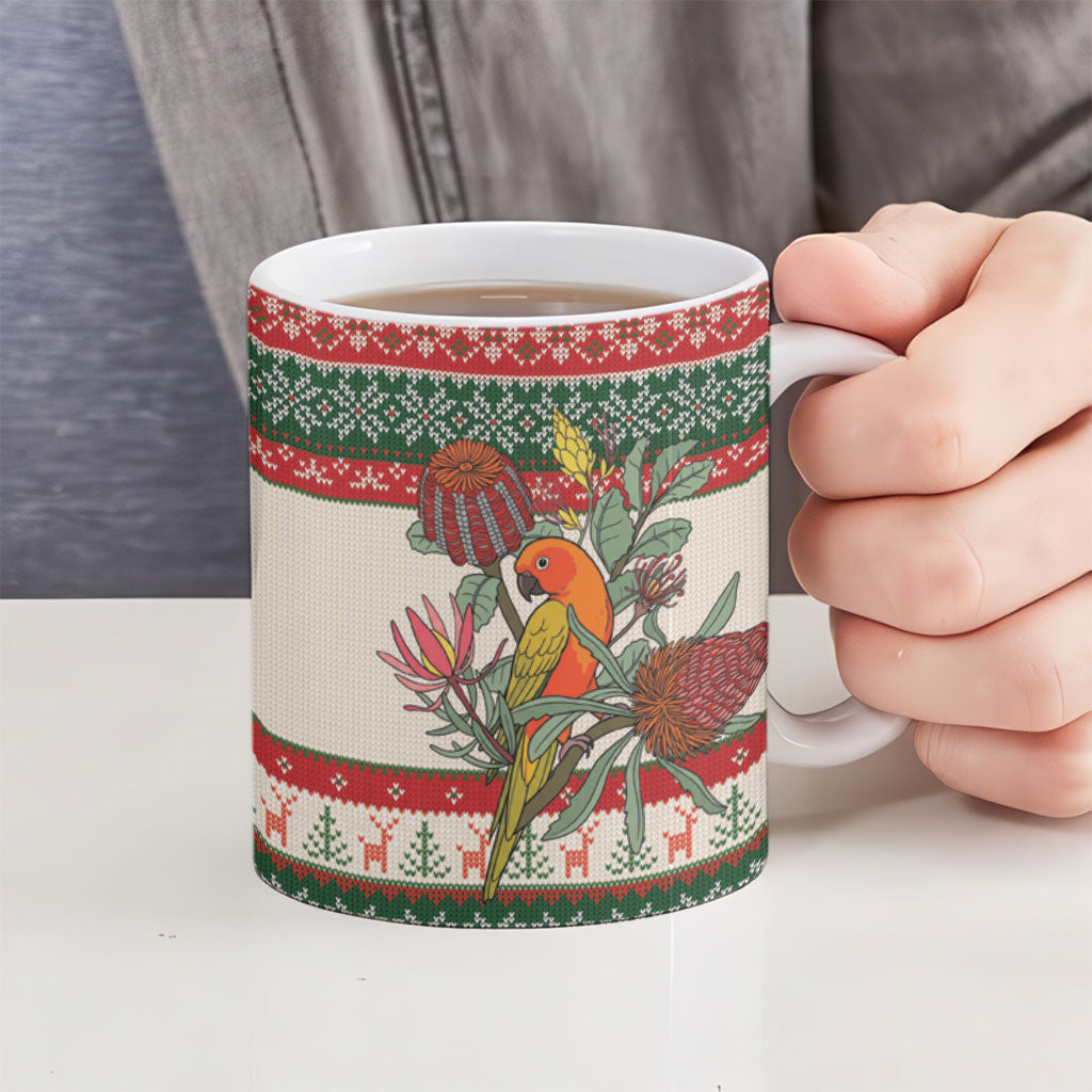 Aussie Sun Parakeet Christmas Ceramic Mug Festive Knitted Pattern Inspired