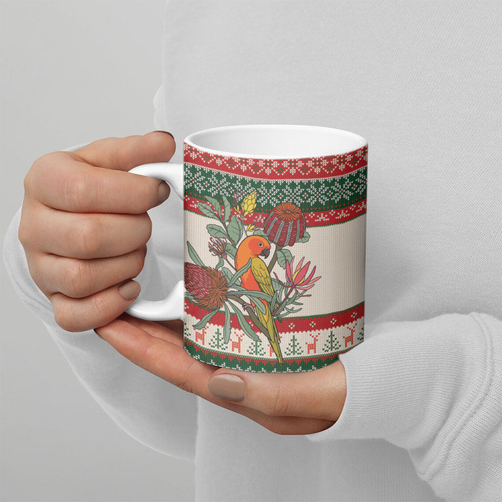 Aussie Sun Parakeet Christmas Ceramic Mug Festive Knitted Pattern Inspired