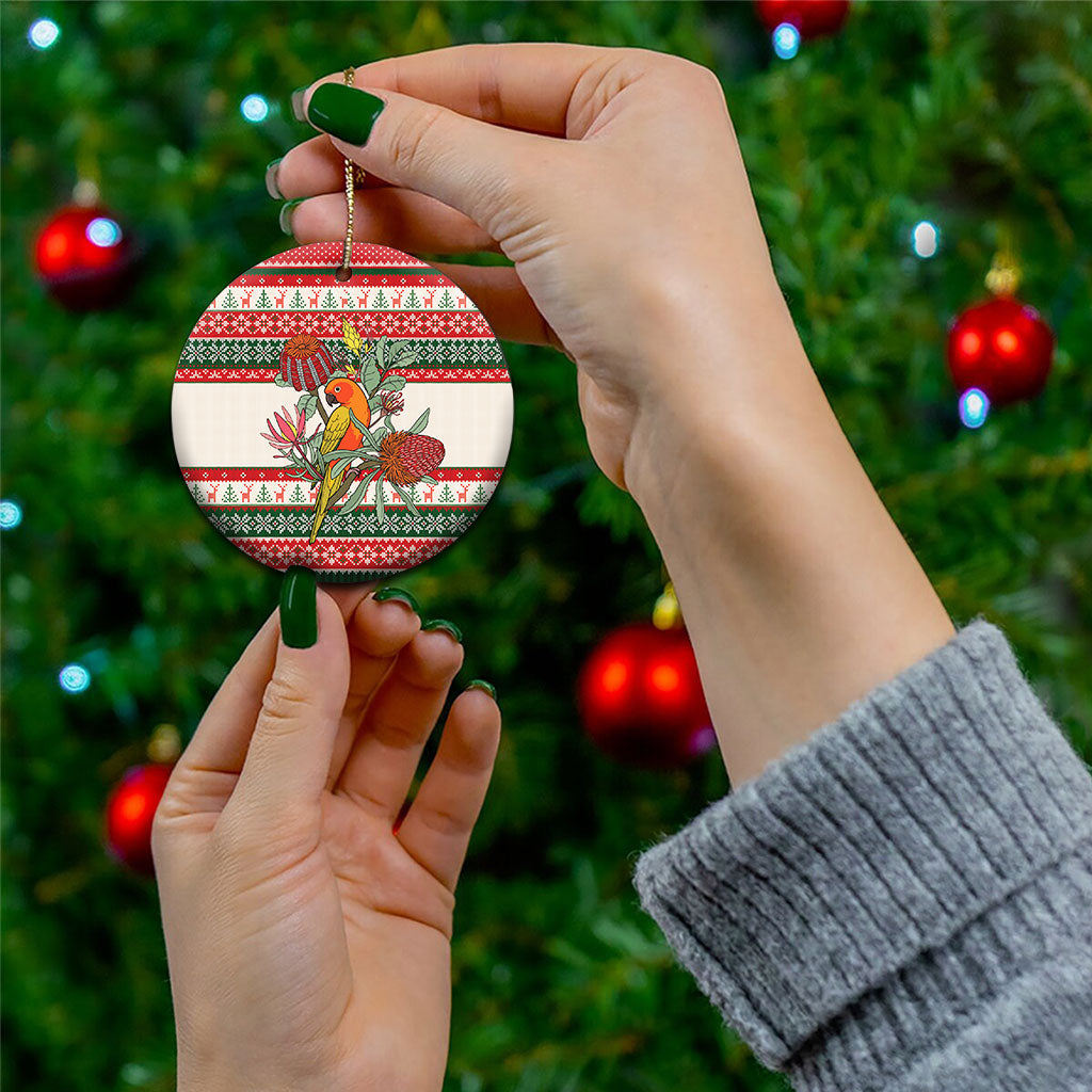 Aussie Sun Parakeet Christmas Ceramic Ornament Festive Knitted Pattern Inspired