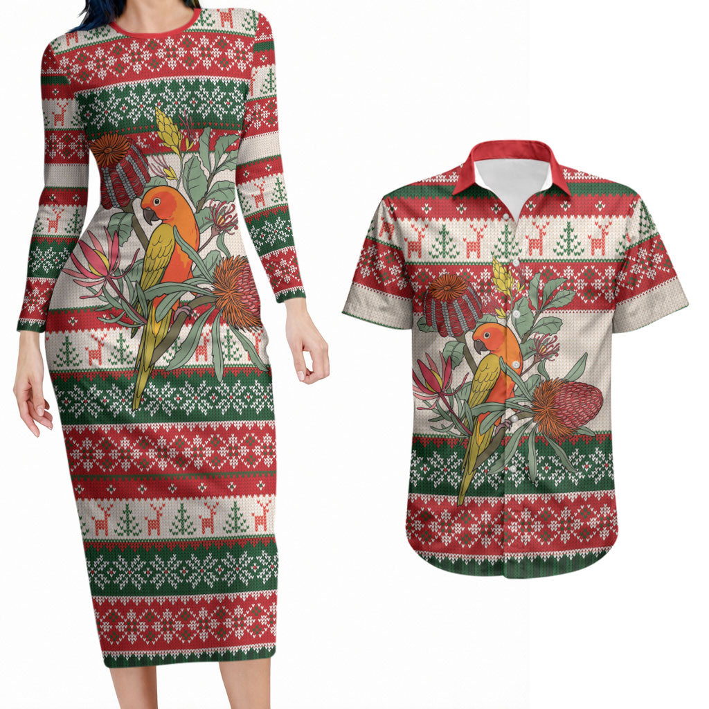 Aussie Sun Parakeet Christmas Couples Matching Long Sleeve Bodycon Dress and Hawaiian Shirt Festive Knitted Pattern Inspired