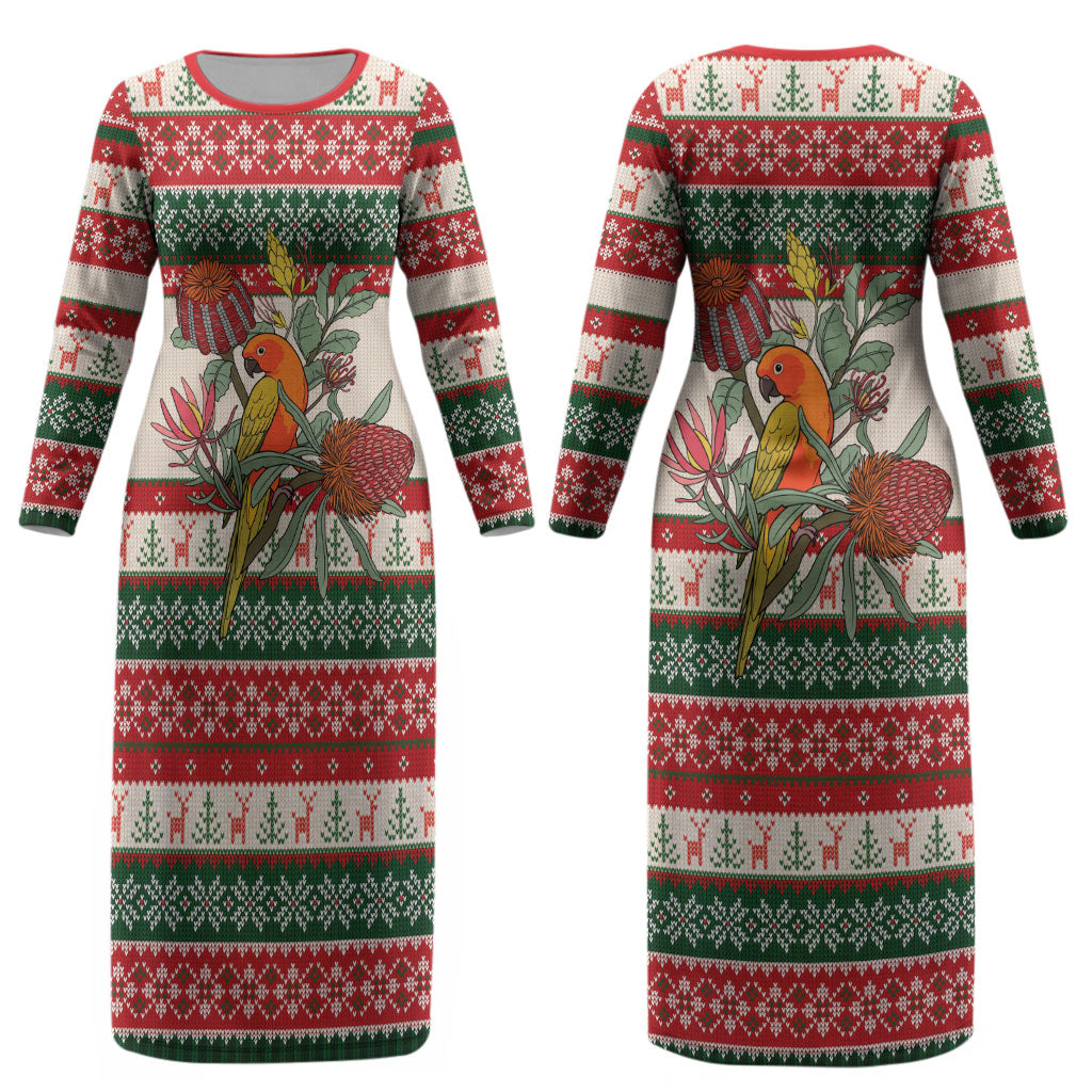 Aussie Sun Parakeet Christmas Couples Matching Long Sleeve Bodycon Dress and Hawaiian Shirt Festive Knitted Pattern Inspired