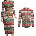 Aussie Sun Parakeet Christmas Couples Matching Long Sleeve Bodycon Dress and Long Sleeve Button Shirt Festive Knitted Pattern Inspired