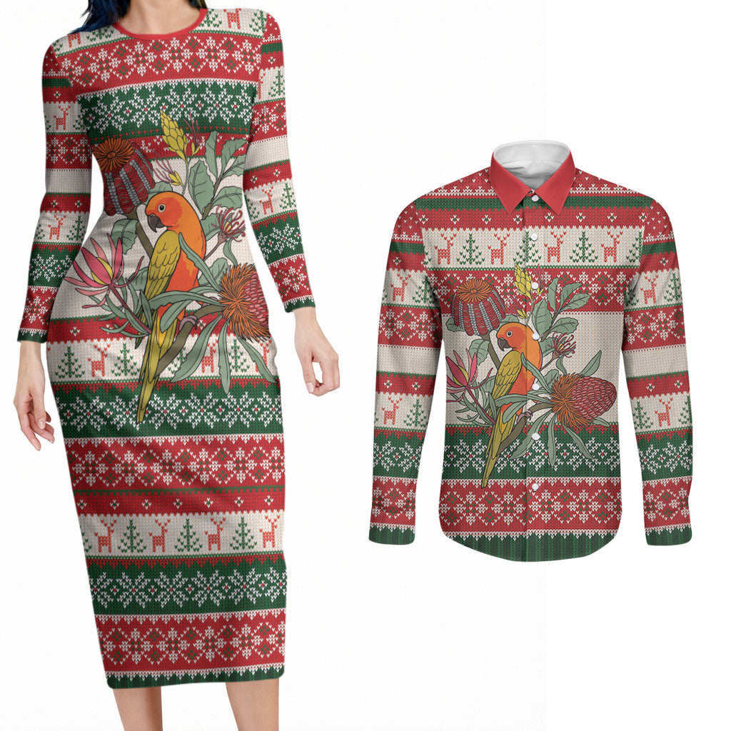 Aussie Sun Parakeet Christmas Couples Matching Long Sleeve Bodycon Dress and Long Sleeve Button Shirt Festive Knitted Pattern Inspired