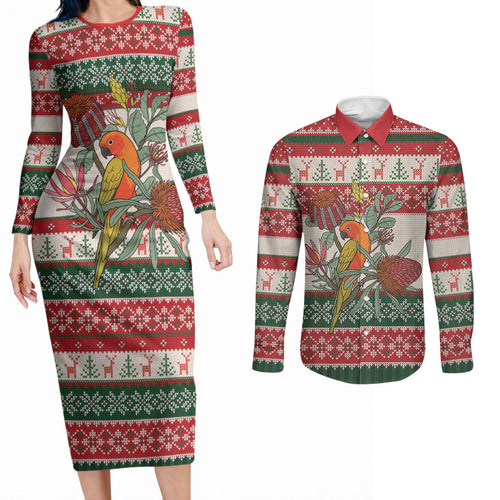 Aussie Sun Parakeet Christmas Couples Matching Long Sleeve Bodycon Dress and Long Sleeve Button Shirt Festive Knitted Pattern Inspired