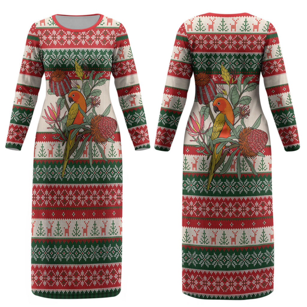Aussie Sun Parakeet Christmas Couples Matching Long Sleeve Bodycon Dress and Long Sleeve Button Shirt Festive Knitted Pattern Inspired