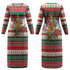 Aussie Sun Parakeet Christmas Couples Matching Long Sleeve Bodycon Dress and Long Sleeve Button Shirt Festive Knitted Pattern Inspired