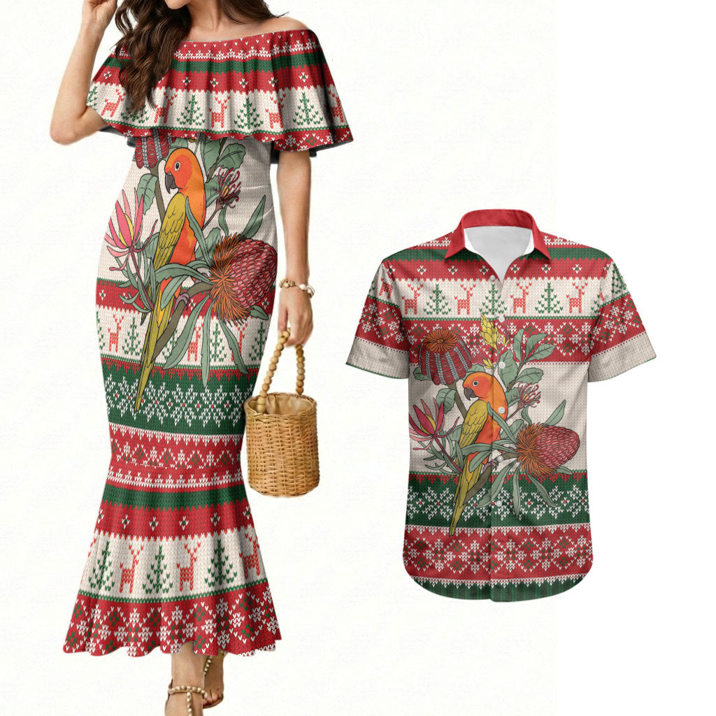 Aussie Sun Parakeet Christmas Couples Matching Mermaid Dress and Hawaiian Shirt Festive Knitted Pattern Inspired