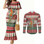 Aussie Sun Parakeet Christmas Couples Matching Mermaid Dress and Long Sleeve Button Shirt Festive Knitted Pattern Inspired