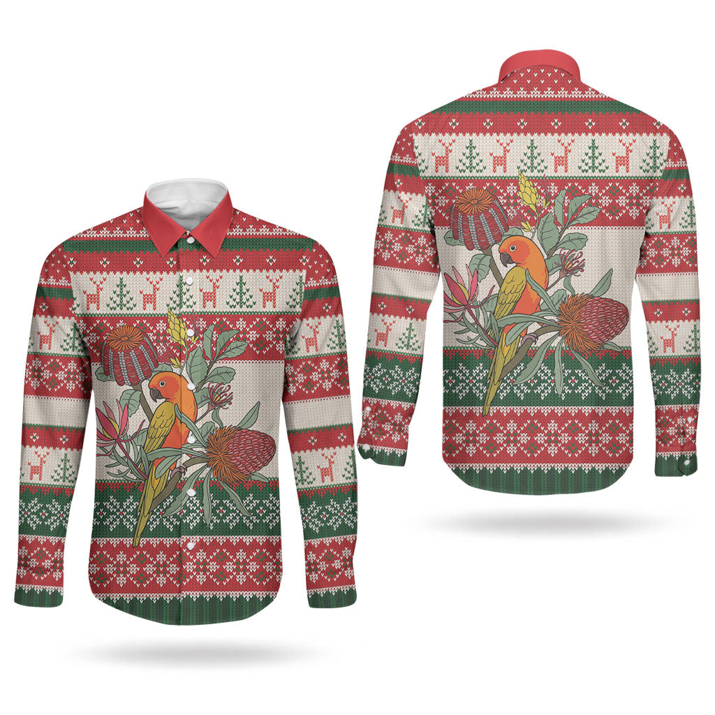 Aussie Sun Parakeet Christmas Couples Matching Mermaid Dress and Long Sleeve Button Shirt Festive Knitted Pattern Inspired