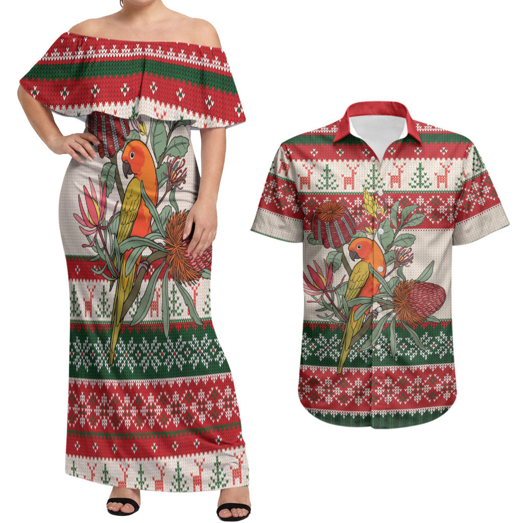 Aussie Sun Parakeet Christmas Couples Matching Off Shoulder Maxi Dress and Hawaiian Shirt Festive Knitted Pattern Inspired