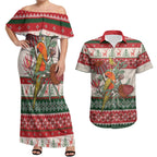 Aussie Sun Parakeet Christmas Couples Matching Off Shoulder Maxi Dress and Hawaiian Shirt Festive Knitted Pattern Inspired
