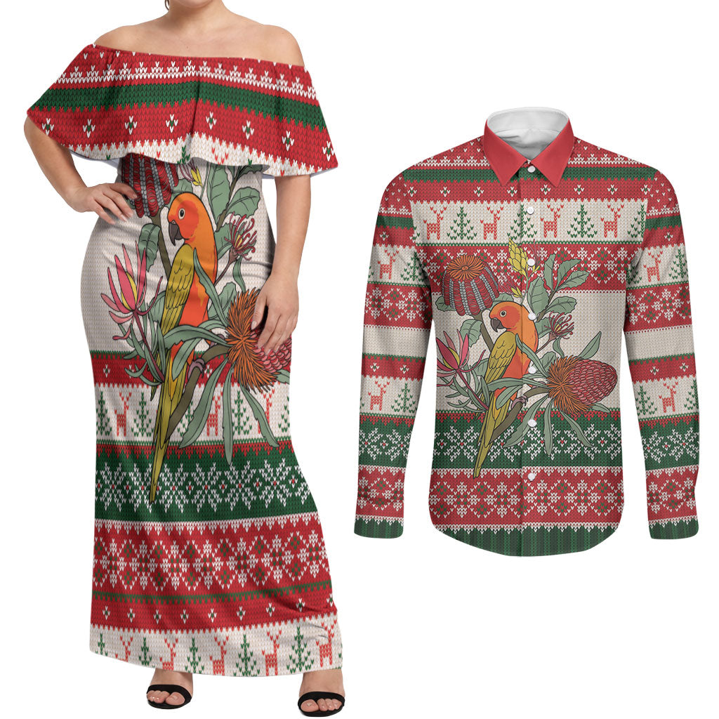 Aussie Sun Parakeet Christmas Couples Matching Off Shoulder Maxi Dress and Long Sleeve Button Shirt Festive Knitted Pattern Inspired