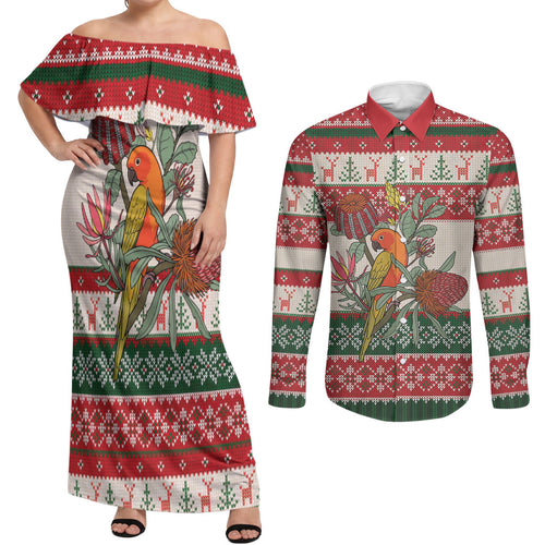 Aussie Sun Parakeet Christmas Couples Matching Off Shoulder Maxi Dress and Long Sleeve Button Shirt Festive Knitted Pattern Inspired