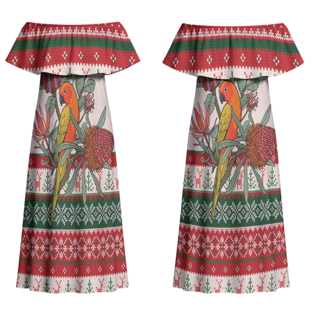 Aussie Sun Parakeet Christmas Couples Matching Off Shoulder Maxi Dress and Long Sleeve Button Shirt Festive Knitted Pattern Inspired