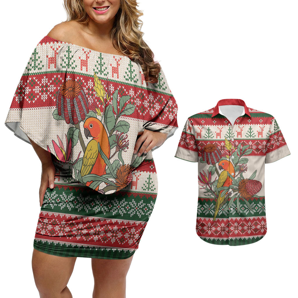 Aussie Sun Parakeet Christmas Couples Matching Off Shoulder Short Dress and Hawaiian Shirt Festive Knitted Pattern Inspired