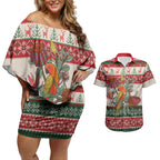 Aussie Sun Parakeet Christmas Couples Matching Off Shoulder Short Dress and Hawaiian Shirt Festive Knitted Pattern Inspired