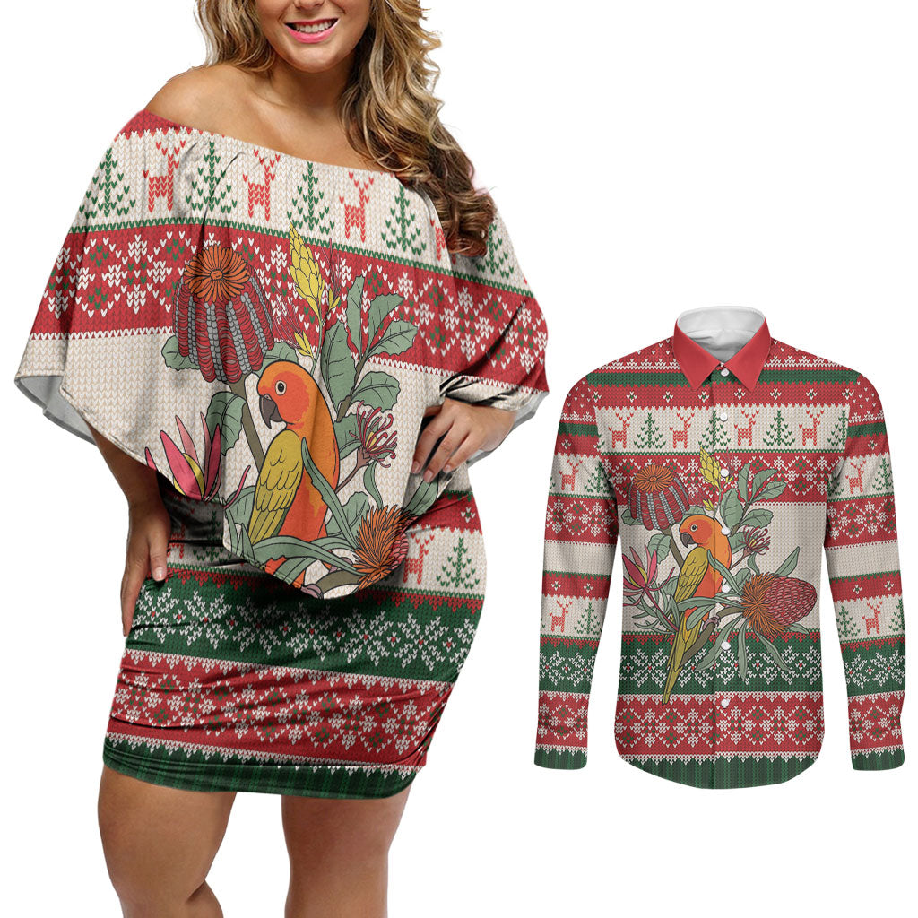 Aussie Sun Parakeet Christmas Couples Matching Off Shoulder Short Dress and Long Sleeve Button Shirt Festive Knitted Pattern Inspired