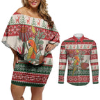 Aussie Sun Parakeet Christmas Couples Matching Off Shoulder Short Dress and Long Sleeve Button Shirt Festive Knitted Pattern Inspired