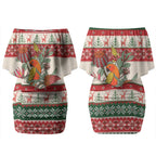 Aussie Sun Parakeet Christmas Couples Matching Off Shoulder Short Dress and Long Sleeve Button Shirt Festive Knitted Pattern Inspired