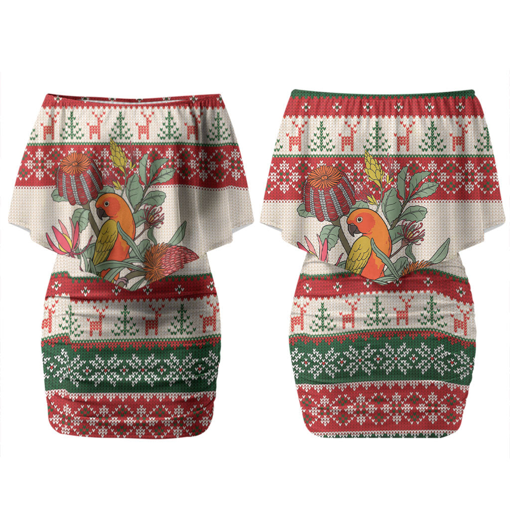 Aussie Sun Parakeet Christmas Couples Matching Off Shoulder Short Dress and Long Sleeve Button Shirt Festive Knitted Pattern Inspired