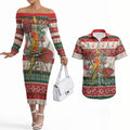 Aussie Sun Parakeet Christmas Couples Matching Off The Shoulder Long Sleeve Dress and Hawaiian Shirt Festive Knitted Pattern Inspired