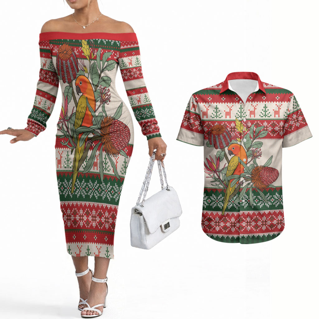 Aussie Sun Parakeet Christmas Couples Matching Off The Shoulder Long Sleeve Dress and Hawaiian Shirt Festive Knitted Pattern Inspired