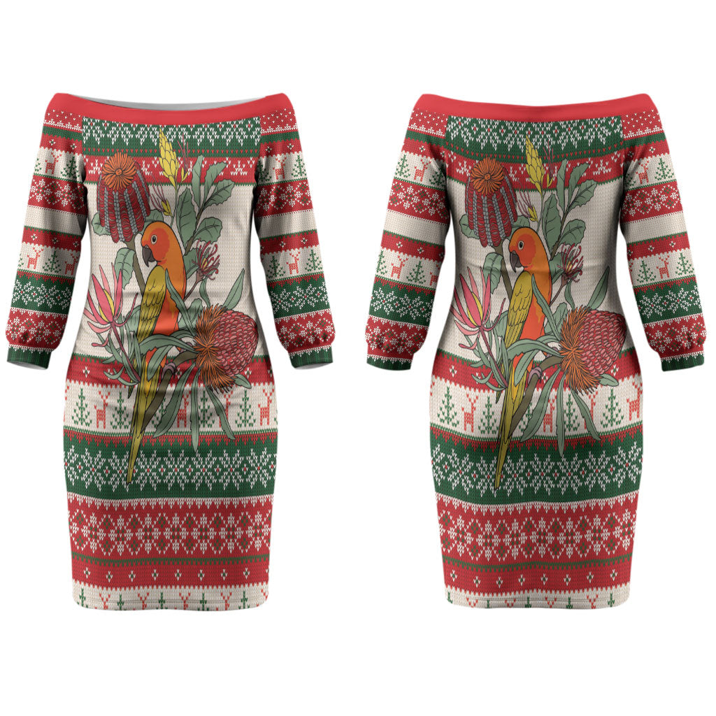 Aussie Sun Parakeet Christmas Couples Matching Off The Shoulder Long Sleeve Dress and Hawaiian Shirt Festive Knitted Pattern Inspired