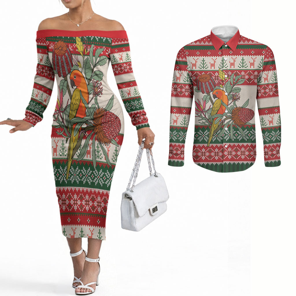 Aussie Sun Parakeet Christmas Couples Matching Off The Shoulder Long Sleeve Dress and Long Sleeve Button Shirt Festive Knitted Pattern Inspired