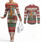 Aussie Sun Parakeet Christmas Couples Matching Off The Shoulder Long Sleeve Dress and Long Sleeve Button Shirt Festive Knitted Pattern Inspired