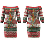 Aussie Sun Parakeet Christmas Couples Matching Off The Shoulder Long Sleeve Dress and Long Sleeve Button Shirt Festive Knitted Pattern Inspired