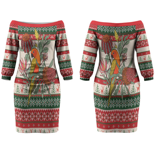 Aussie Sun Parakeet Christmas Couples Matching Off The Shoulder Long Sleeve Dress and Long Sleeve Button Shirt Festive Knitted Pattern Inspired