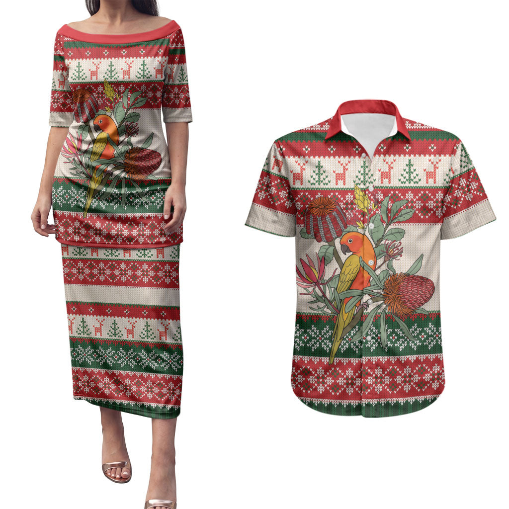 Aussie Sun Parakeet Christmas Couples Matching Puletasi and Hawaiian Shirt Festive Knitted Pattern Inspired