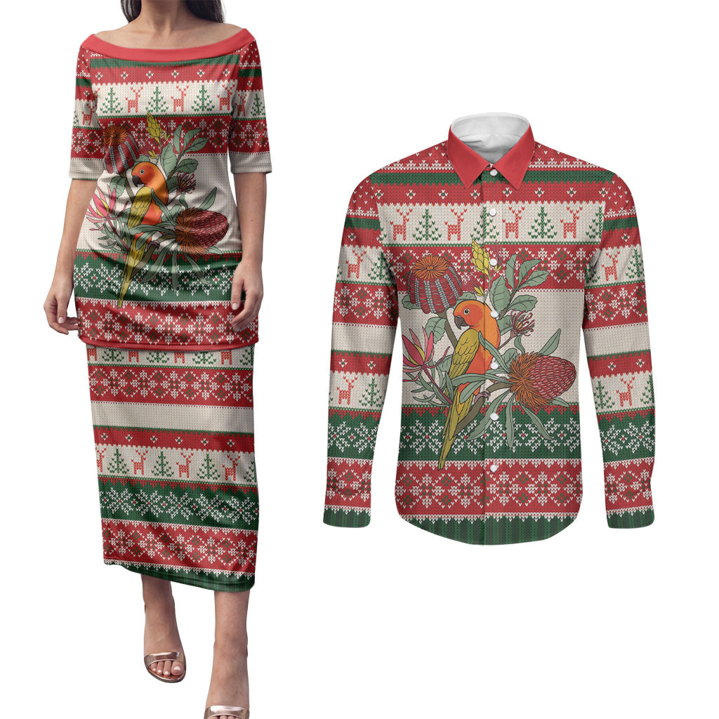 Aussie Sun Parakeet Christmas Couples Matching Puletasi and Long Sleeve Button Shirt Festive Knitted Pattern Inspired