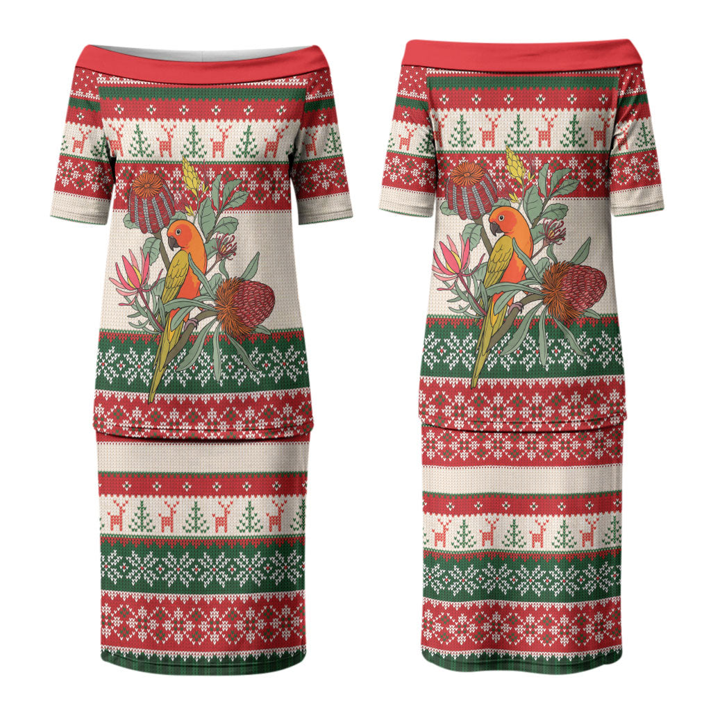 Aussie Sun Parakeet Christmas Couples Matching Puletasi and Long Sleeve Button Shirt Festive Knitted Pattern Inspired