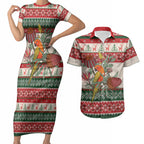 Aussie Sun Parakeet Christmas Couples Matching Short Sleeve Bodycon Dress and Hawaiian Shirt Festive Knitted Pattern Inspired