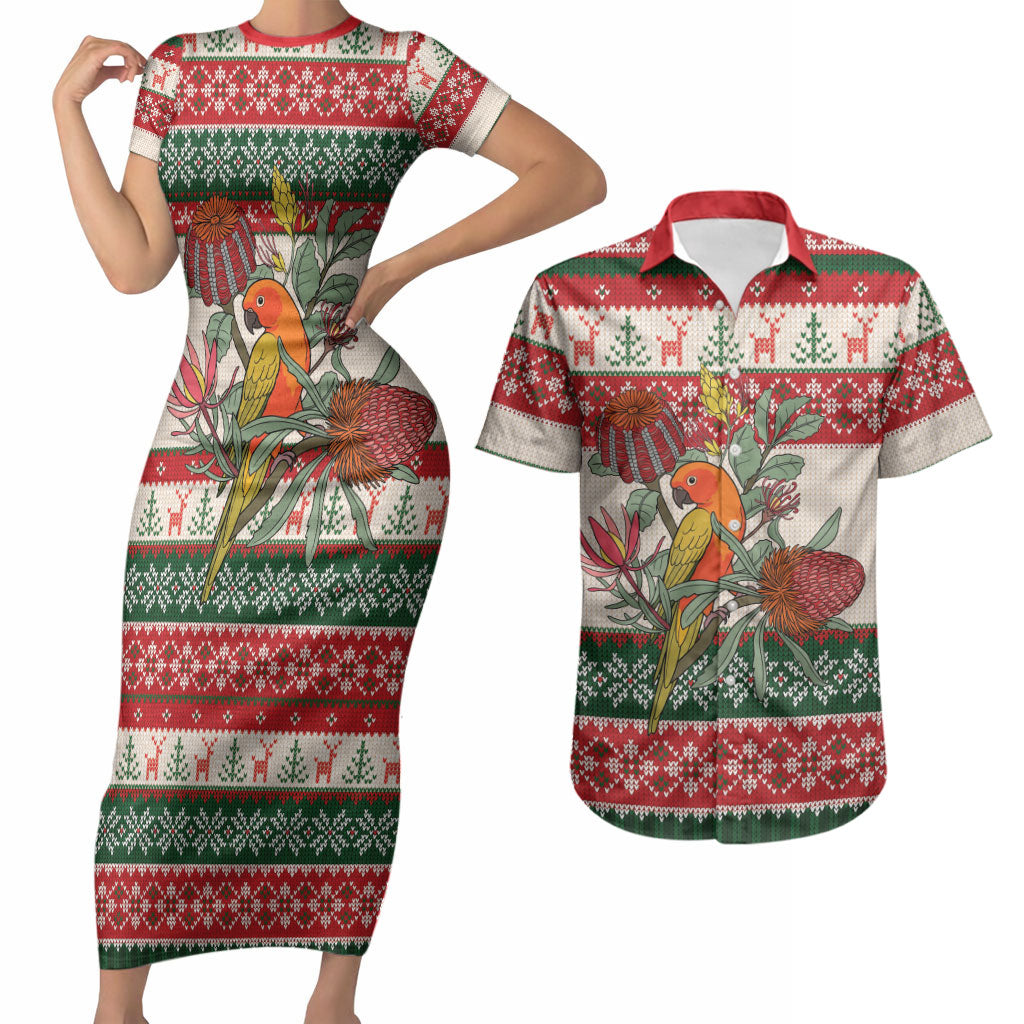 Aussie Sun Parakeet Christmas Couples Matching Short Sleeve Bodycon Dress and Hawaiian Shirt Festive Knitted Pattern Inspired